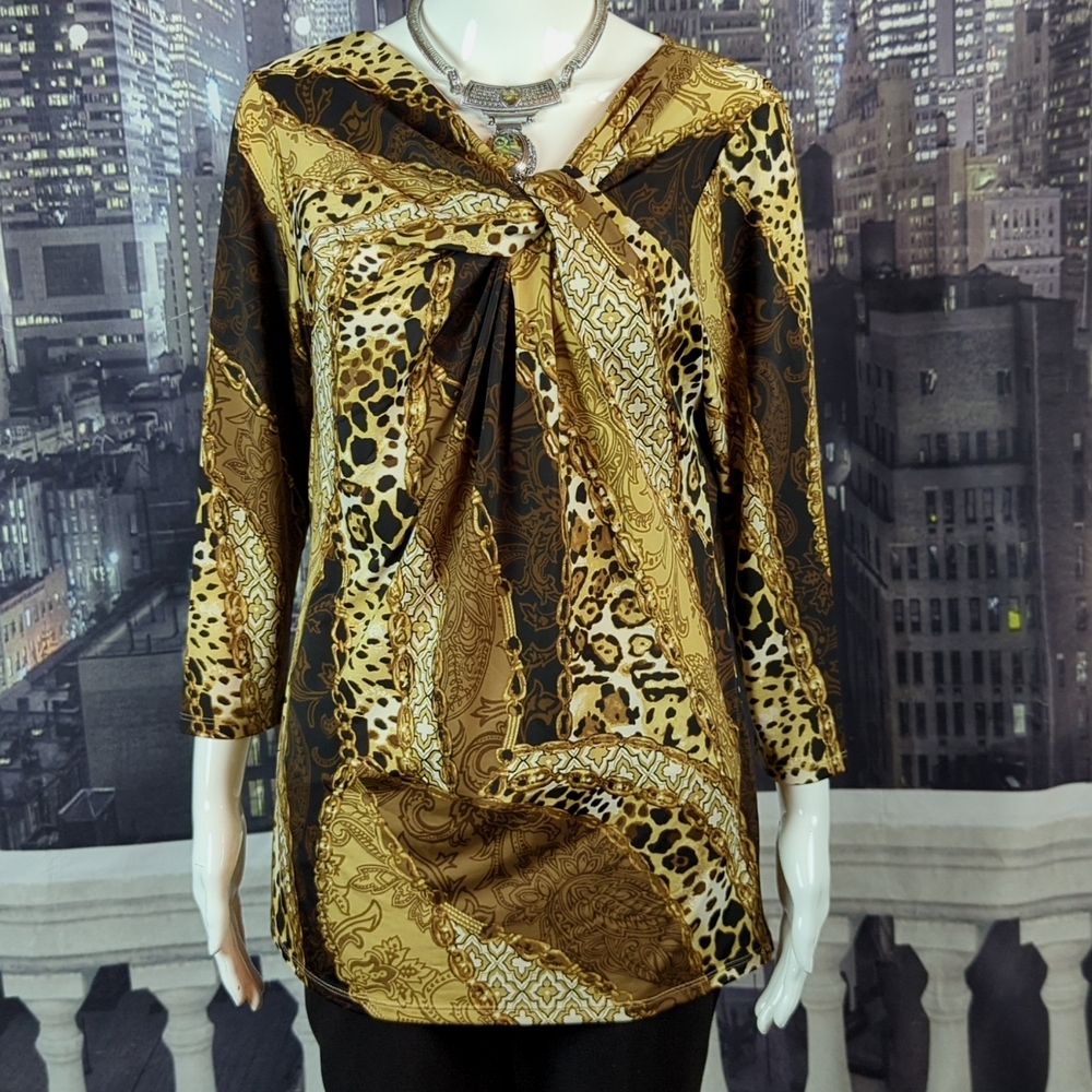 Carmen Marc Valvo sz L Shimmering Chain Link & Leopard Print Tunic Top